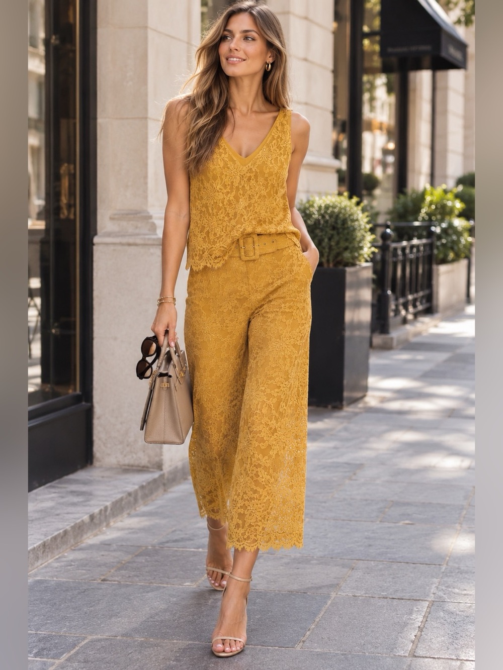 Beymen Club Mustard Lace Belted Wide Leg Pants & Top Set – Size S/36